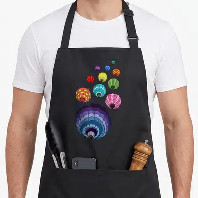Festival balloon apron - Cartoon hot air balloons in purple blue red yellow green and pink floating diagonally among — shown on a black cotton canvas apron against a white background