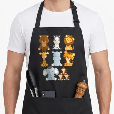 Safari zoo animal apron - Cartoon bear, zebra, lion, giraffe, hippo, tiger, elephant, and three monkeys in brown yellow — shown on a black cotton canvas apron against a white background