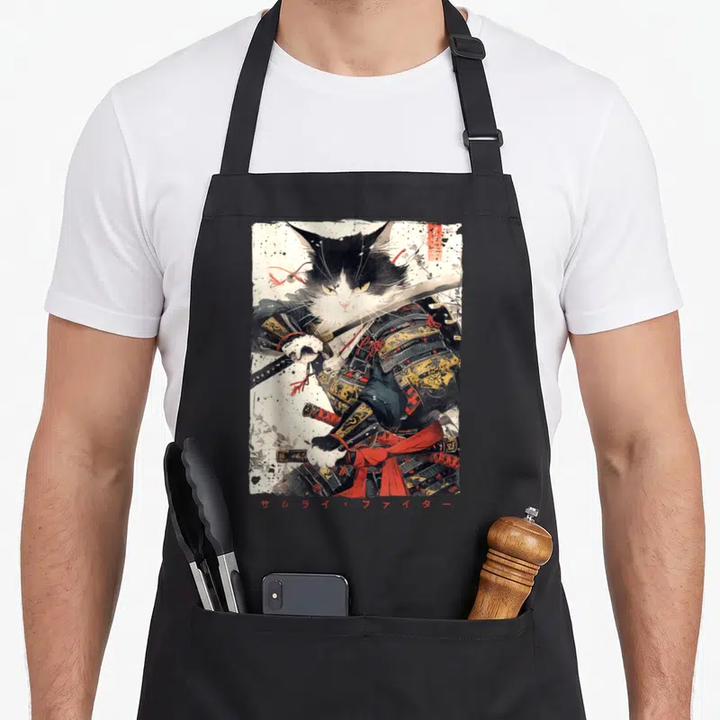 Ink cat apron - Realistic black and white cat in gold samurai armor holding a sword with Japanese text — shown on a black cotton canvas apron against a white background