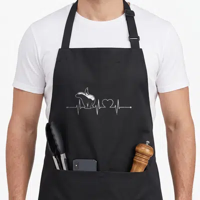Heartbeat badger apron - White honey badger silhouette merged with a distressed heartbeat line and heart shape — shown on a black cotton canvas apron against a white background