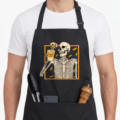Spice halloween apron - Skeleton holding pumpkin spice cup inside orange frame with scattered leaves — shown on a black cotton canvas apron against a white background