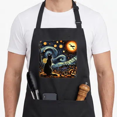 Van black cat apron - Retro black cat silhouette facing swirling blue night sky with orange moon, bats, and carved — shown on a black cotton canvas apron against a white background