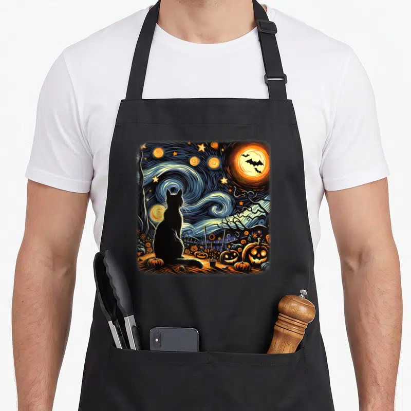 Van black cat apron - Retro black cat silhouette facing swirling blue night sky with orange moon, bats, and carved — shown on a black cotton canvas apron against a white background