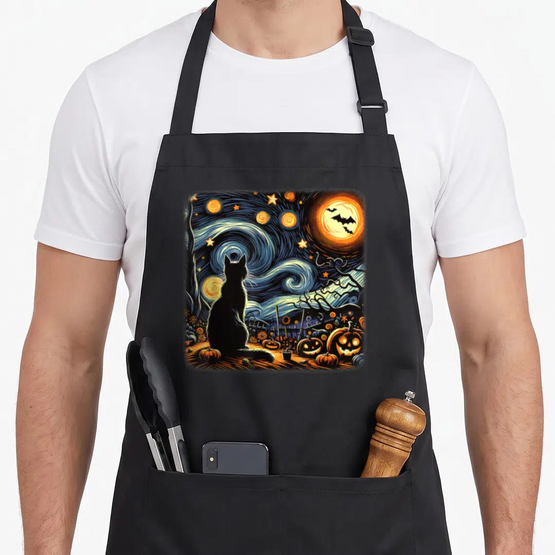 Van black cat apron - Retro black cat silhouette facing swirling blue night sky with orange moon, bats, and carved — shown on a black cotton canvas apron against a white background