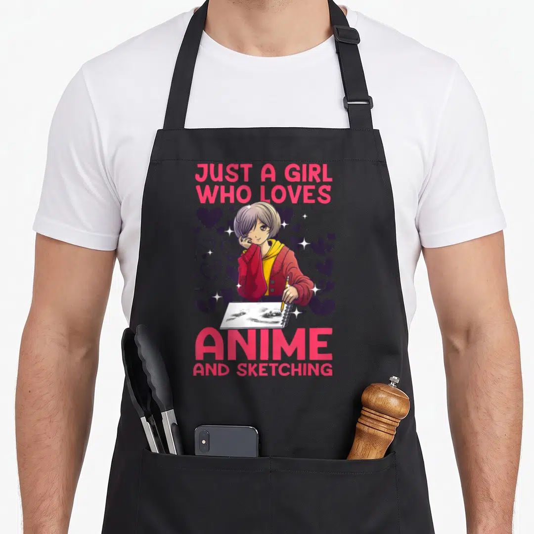 Sketch anime apron - Girl holding pencil over sketchbook with hearts and pink text reading JUST A GIRL WHO LOVES ANIME — shown on a black cotton canvas apron against a white background