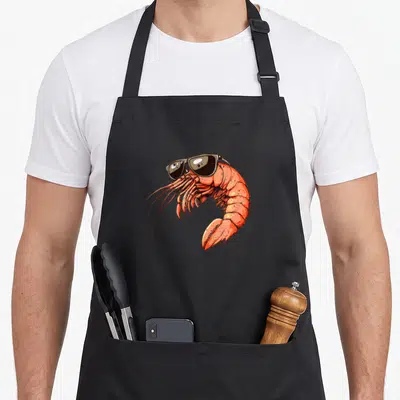 Bespectacled sunglasses sea apron - Orange cartoon shrimp wearing black sunglasses in a curved pose — shown on a black cotton canvas apron against a white background