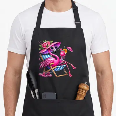 Tree pink flamingo apron - Cartoon pink flamingo in striped chair with rose hat, sunglasses, cocktail, and flip flops — shown on a black cotton canvas apron against a white background