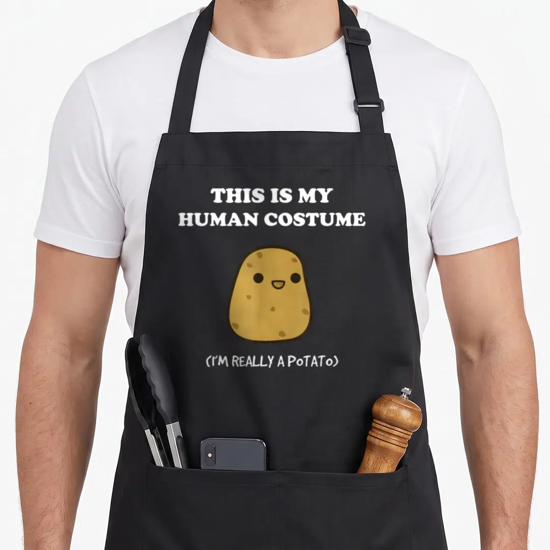 Potato halloween apron - Cartoon potato with This Is My Human Costume text in white and tan — shown on a black cotton canvas apron against a white background