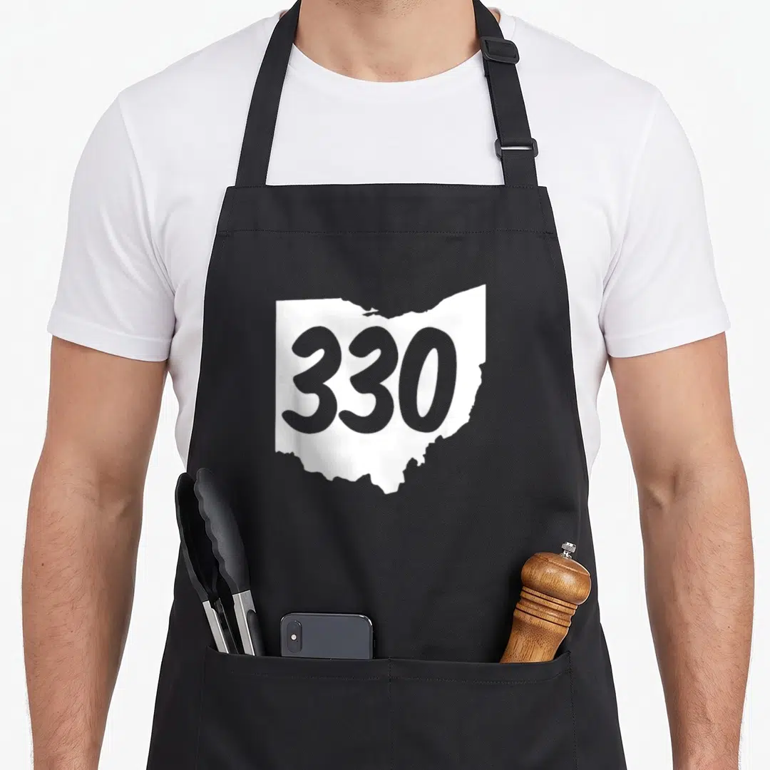 Warren youngstown apron - White Ohio state outline with grey 330 number centered inside minimalist design — shown on a black cotton canvas apron against a white background