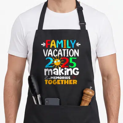 Family vacation memory apron - Stacked colorful text reading Family Vacation 2025 Making Memories Together with a sun — shown on a black cotton canvas apron against a white background