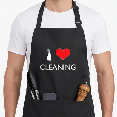 Neat cleaning apron - White spray bottle beside red heart above CLEANING text in white, red, and blue — shown on a black cotton canvas apron against a white background