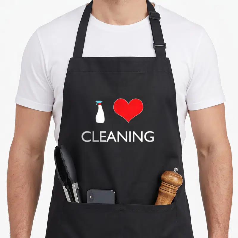 Neat cleaning apron - White spray bottle beside red heart above CLEANING text in white, red, and blue — shown on a black cotton canvas apron against a white background