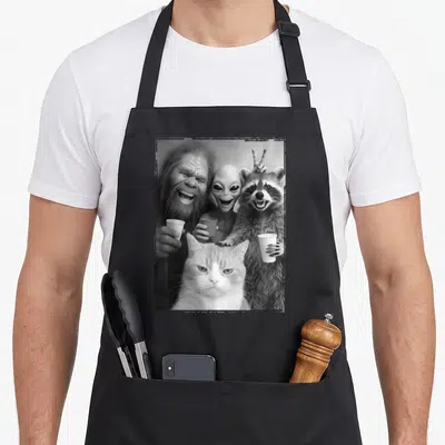 Racoon funny cat apron - Grumpy cat with raccoon peace sign alien and Bigfoot holding cups in monochrome photo — shown on a black cotton canvas apron against a white background
