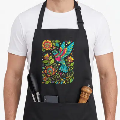 Folk the floral apron - Cartoon hummingbird with pink heart surrounded by colorful flowers, leaves, and dots — shown on a black cotton canvas apron against a white background