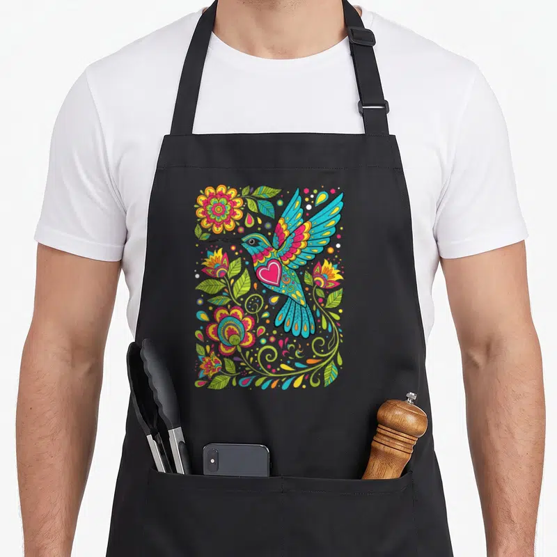 Folk the floral apron - Cartoon hummingbird with pink heart surrounded by colorful flowers, leaves, and dots — shown on a black cotton canvas apron against a white background