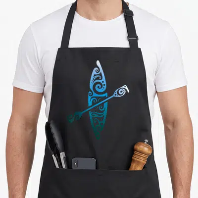 Kayaker canoe apron - Vertical blue canoe and diagonal paddle decorated with swirling tribal line-art patterns — shown on a black cotton canvas apron against a white background