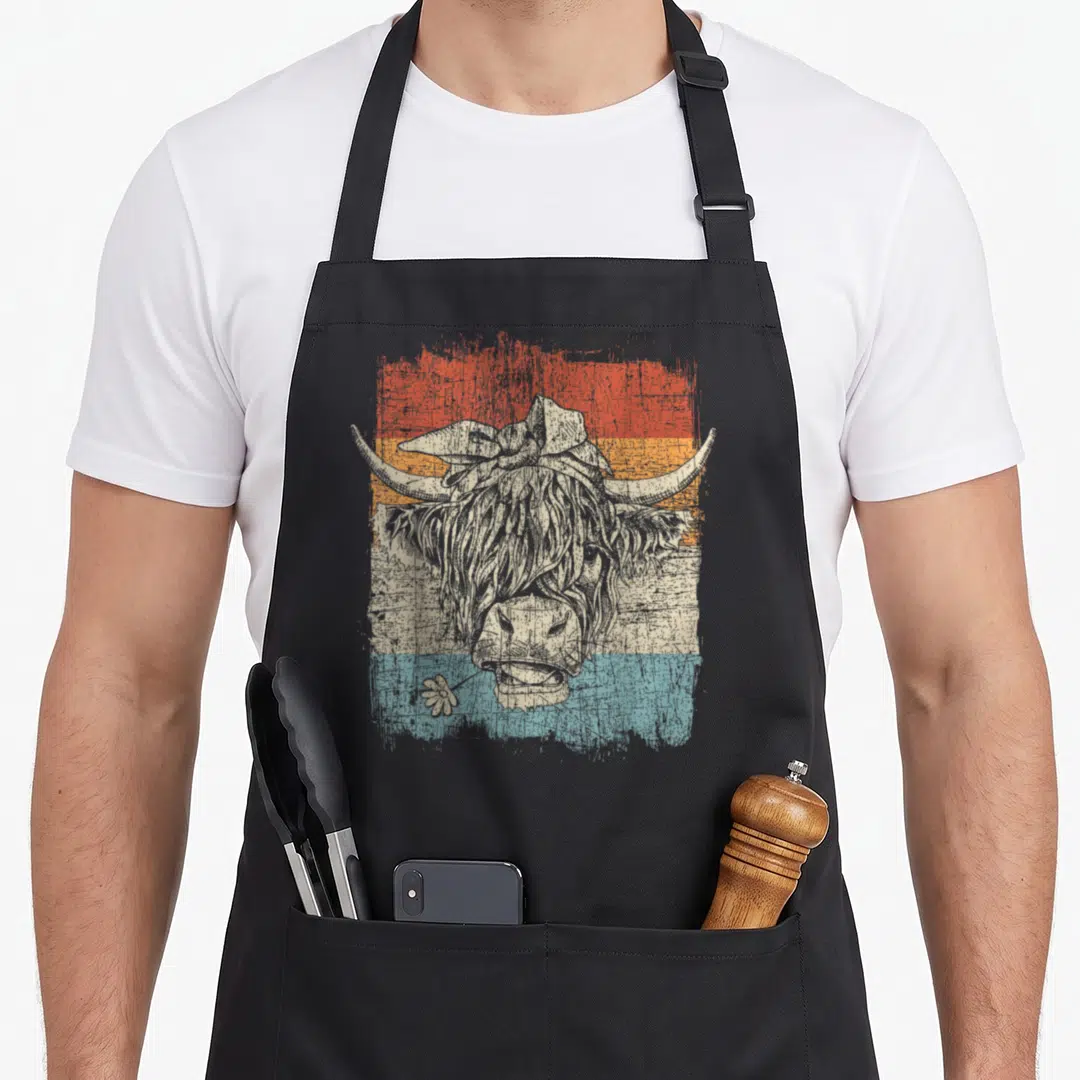Cattle highland cow apron - Retro sketch of a highland cow head with a bow and flower on striped background — shown on a black cotton canvas apron against a white background