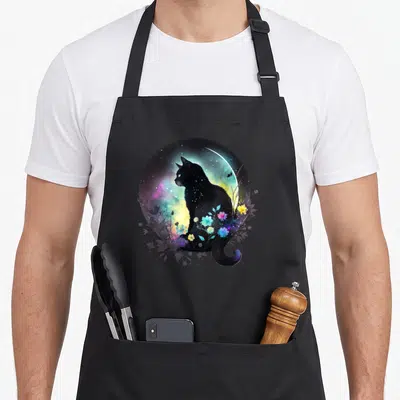 Celestial floral apron - Realistic black cat inside a circle of stars, moon, and pink blue yellow purple flowers — shown on a black cotton canvas apron against a white background