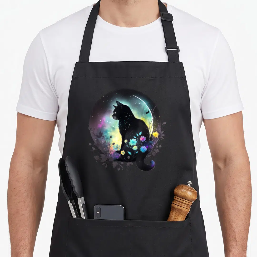 Celestial floral apron - Realistic black cat inside a circle of stars, moon, and pink blue yellow purple flowers — shown on a black cotton canvas apron against a white background