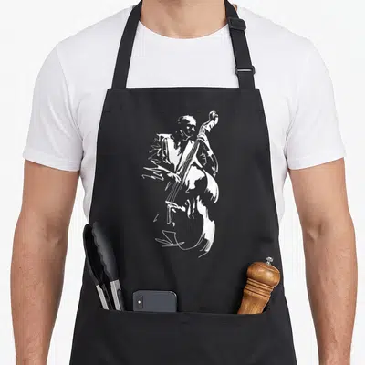 Upright jazz apron - White sketch of a musician playing a double bass on a stiff apron — shown on a black cotton canvas apron against a white background