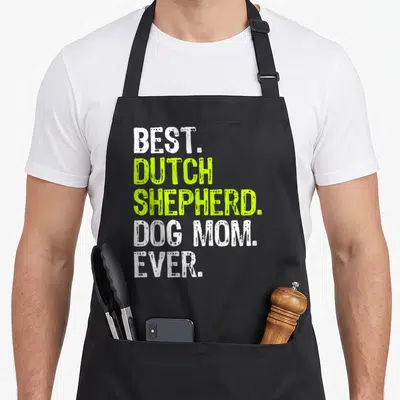 Dog dutch apron - Stacked white and lime green text reading Best Dutch Shepherd Dog Mom Ever — shown on a black cotton canvas apron against a white background
