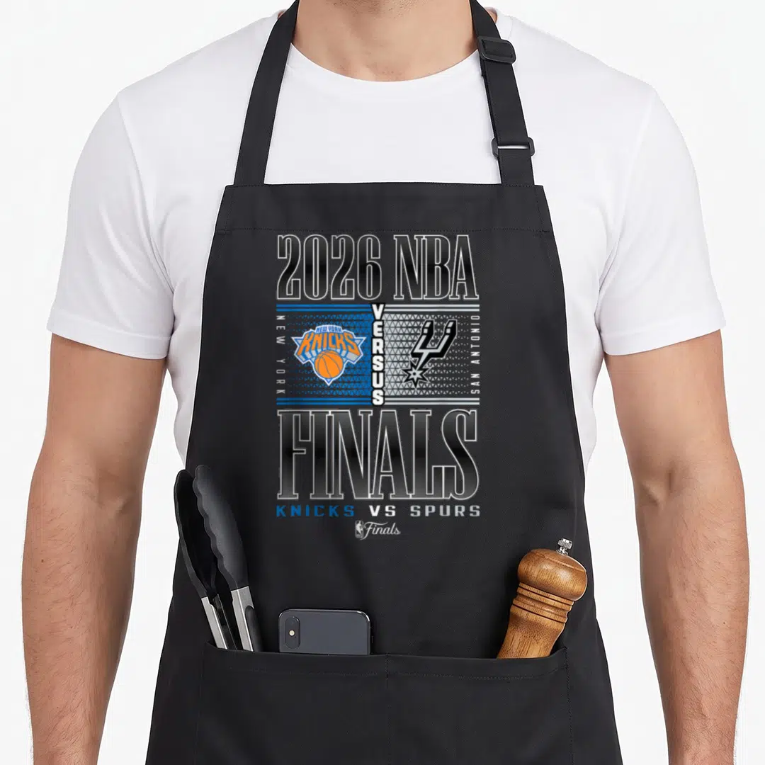Final knicks apron - 2026 NBA Finals text and Knicks versus Spurs logos in blue orange white and black typography — shown on a black cotton canvas apron against a white background