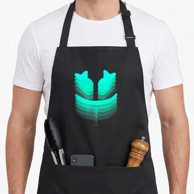 Marshmallow face apron - Cyan abstract shape with stacked curved lines and two pointed top elements on black background — shown on a black cotton canvas apron against a white background