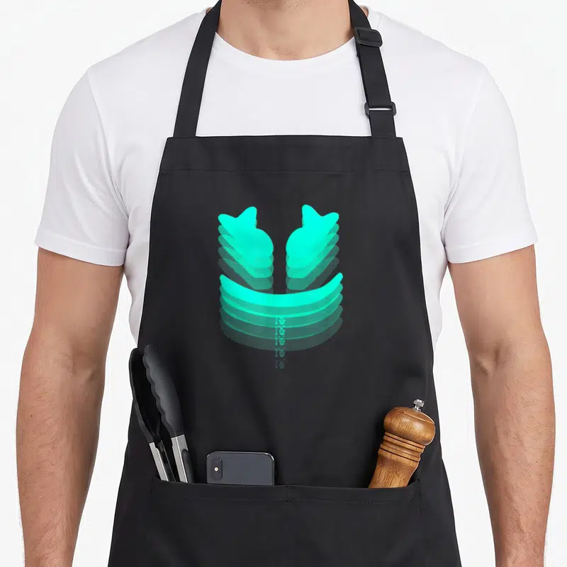 Marshmallow face apron - Cyan abstract shape with stacked curved lines and two pointed top elements on black background — shown on a black cotton canvas apron against a white background
