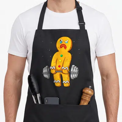 Weightlifting christmas gingerbread apron - Cartoon gingerbread man lifting a grey barbell with red yellow and green — shown on a black cotton canvas apron against a white background