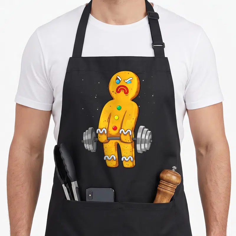 Weightlifting christmas gingerbread apron - Cartoon gingerbread man lifting a grey barbell with red yellow and green — shown on a black cotton canvas apron against a white background