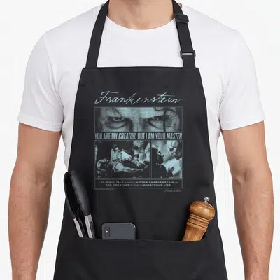 Poster frankenstein apron - Distressed blue and grey Frankenstein poster print with monster eyes and quotes — shown on a black cotton canvas apron against a white background