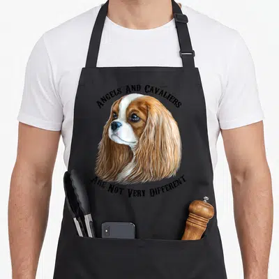 Blenheim king apron - Realistic brown and white spaniel head with arched text reading Angels and Cavaliers Are Not Very — shown on a black cotton canvas apron against a white background