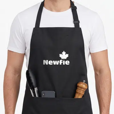 Newfie pride apron - White maple leaf centered above Newfie text on dark background — shown on a black cotton canvas apron against a white background
