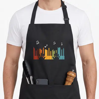 Cute keyboard piano apron - Multi-colored skyline piano keys with white musical notes and hand silhouettes — shown on a black cotton canvas apron against a white background