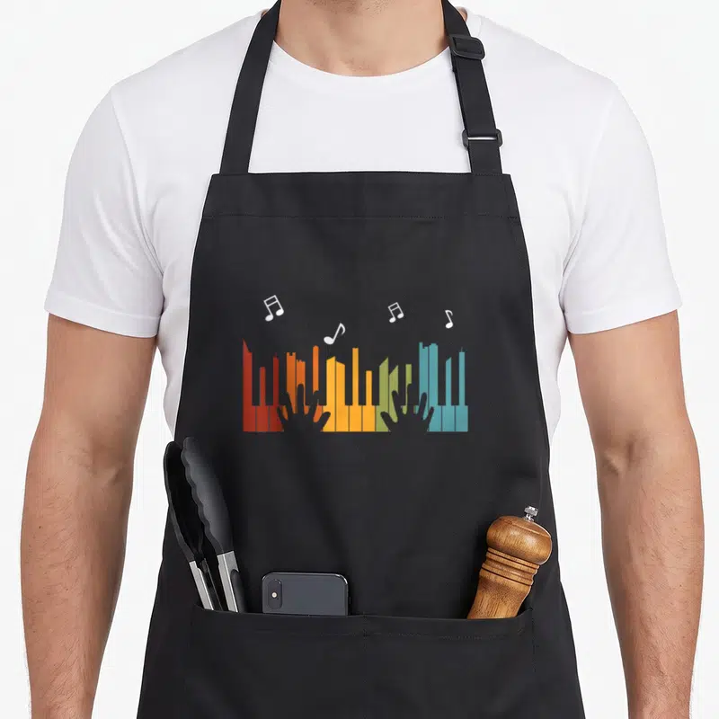 Cute keyboard piano apron - Multi-colored skyline piano keys with white musical notes and hand silhouettes — shown on a black cotton canvas apron against a white background
