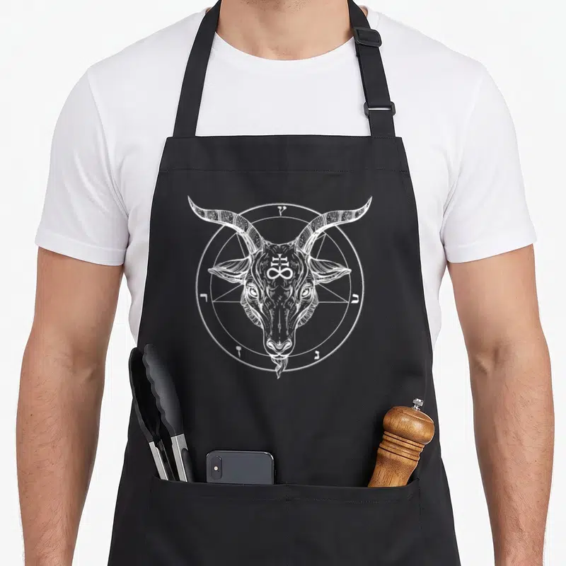 Pentagram goat apron - White goat head inside inverted pentagram circle with occult symbols along inner edge — shown on a black cotton canvas apron against a white background