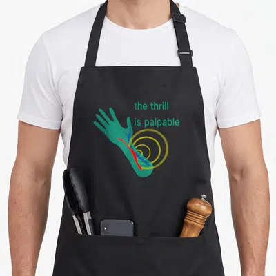 Thrill staff aprons - Teal hand with red artery blue vein and yellow circles next to stacked text — shown on a black cotton canvas apron against a white background