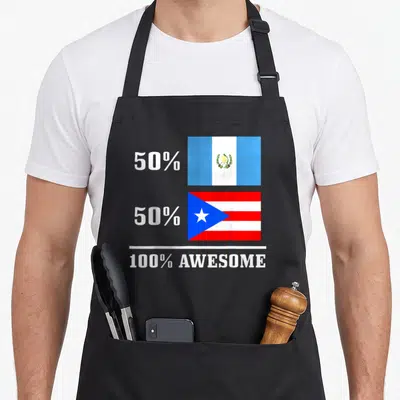 Boricua guatemalan aprons - Stacked Guatemala and Puerto Rico flags with 50 percent labels and 100 percent awesome text — shown on a black cotton canvas apron against a white background