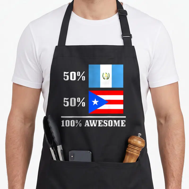 Boricua guatemalan aprons - Stacked Guatemala and Puerto Rico flags with 50 percent labels and 100 percent awesome text — shown on a black cotton canvas apron against a white background
