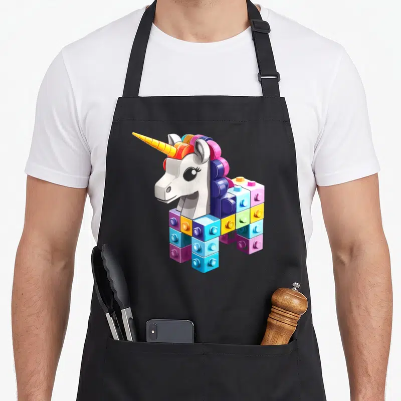 Unicorn block & apron - Cartoon unicorn assembled from white, blue, pink, yellow, and purple toy blocks with a golden — shown on a black cotton canvas apron against a white background