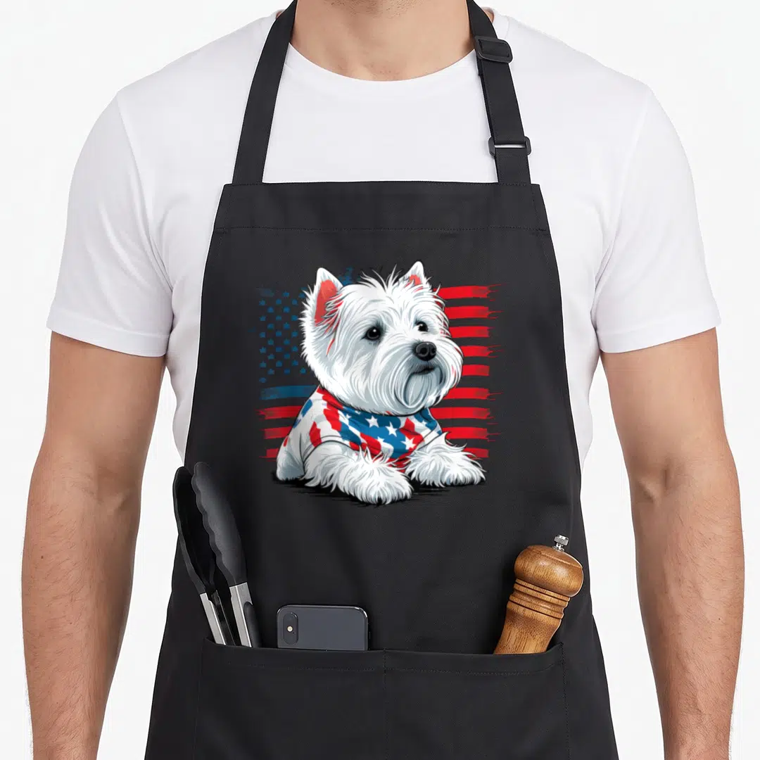 4th westie apron - Realistic white dog wearing patriotic bandana in front of distressed American flag — shown on a black cotton canvas apron against a white background