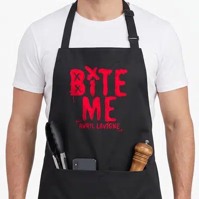 Lavigne novelty apron - Red dripping text reading BITE ME and Avril Lavigne in distressed font — shown on a black cotton canvas apron against a white background