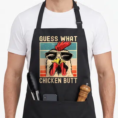 Meme chicken apron - Cartoon rooster in sunglasses with GUESS WHAT CHICKEN BUTT text over striped background — shown on a black cotton canvas apron against a white background