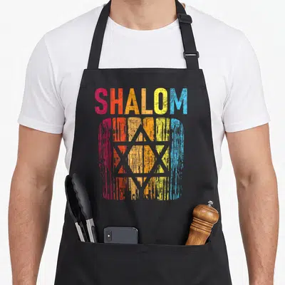 Star jewish apron - SHALOM text over distressed Star of David with red to blue gradient — shown on a black cotton canvas apron against a white background