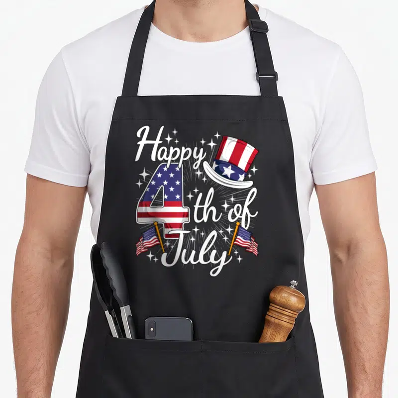 Cute patriotic 4th of july apron - Number 4 filled with red white and blue flag pattern, top hat, and script text — shown on a black cotton canvas apron against a white background