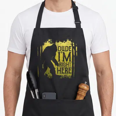 Dude bigfoot apron - Grey bigfoot silhouette next to stacked text DUDE I M RIGHT HERE on yellow distressed background — shown on a black cotton canvas apron against a white background