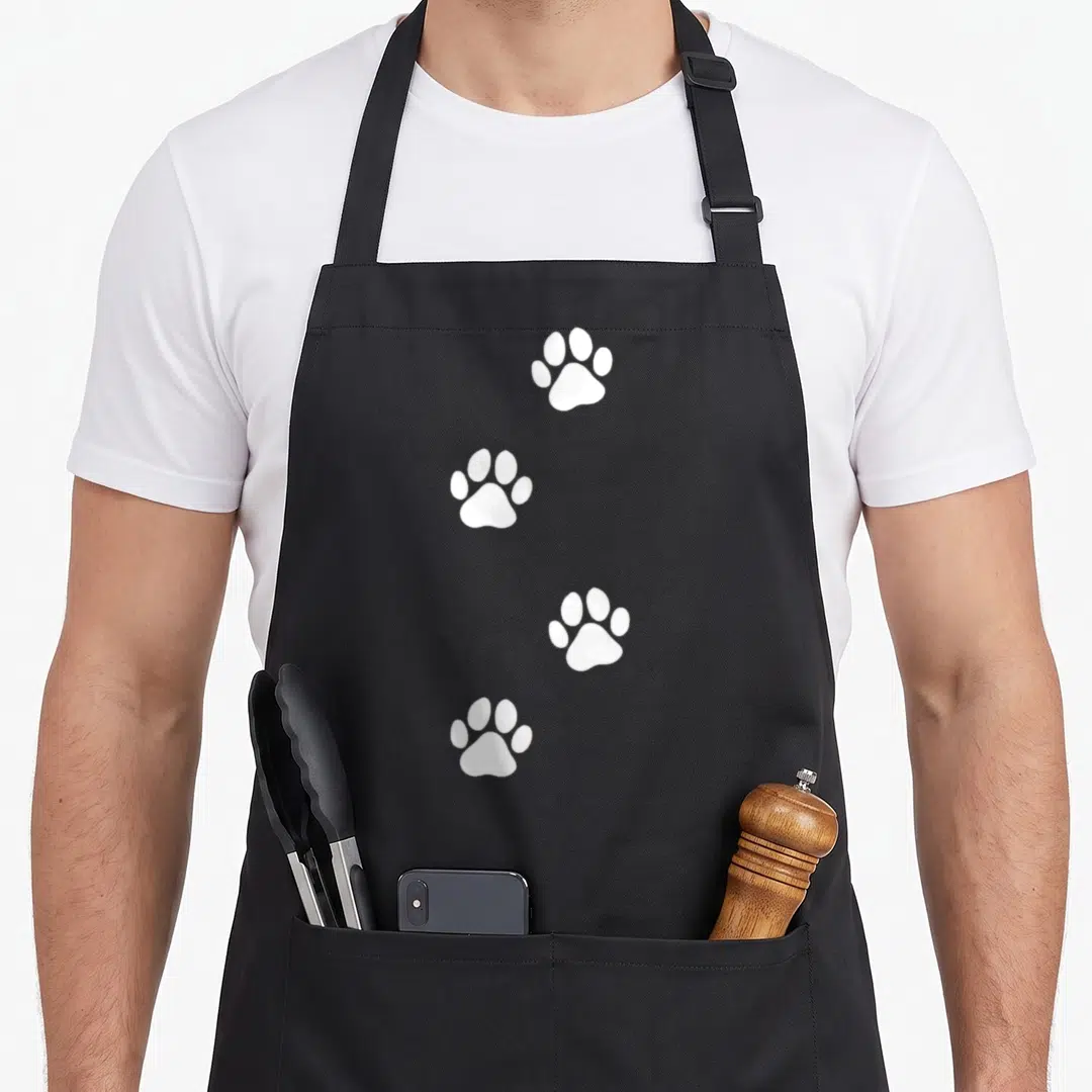 Cat paw print apron - Four white paw prints scattered diagonally on black fabric background — shown on a black cotton canvas apron against a white background