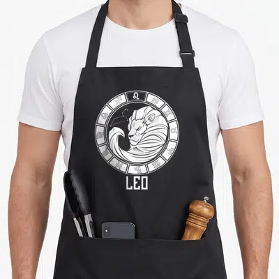 Star july birthday apron - White line-art Leo lion head inside zodiac wheel with constellation and LEO text below — shown on a black cotton canvas apron against a white background