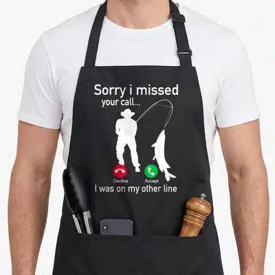 Phone fisherman apron - White fisherman silhouette holding rod with red decline and green accept phone buttons below — shown on a black cotton canvas apron against a white background