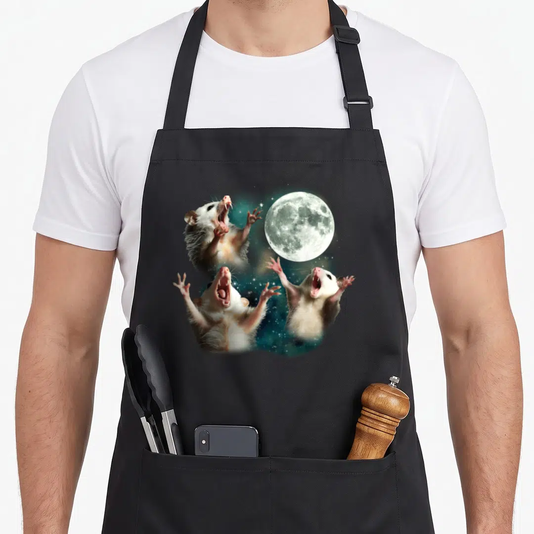 Three meme apron - Three realistic opossums reaching toward a full moon against a starry night sky in white and grey — shown on a black cotton canvas apron against a white background